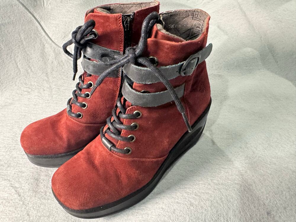 Fly London Maroon Burgundy Suede Wedge Booties 39